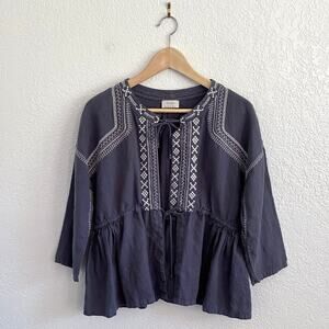 Wrap London 100% Linen‎ Embroidered Peplum Top Tie Front Blue Gray Boho Size 2